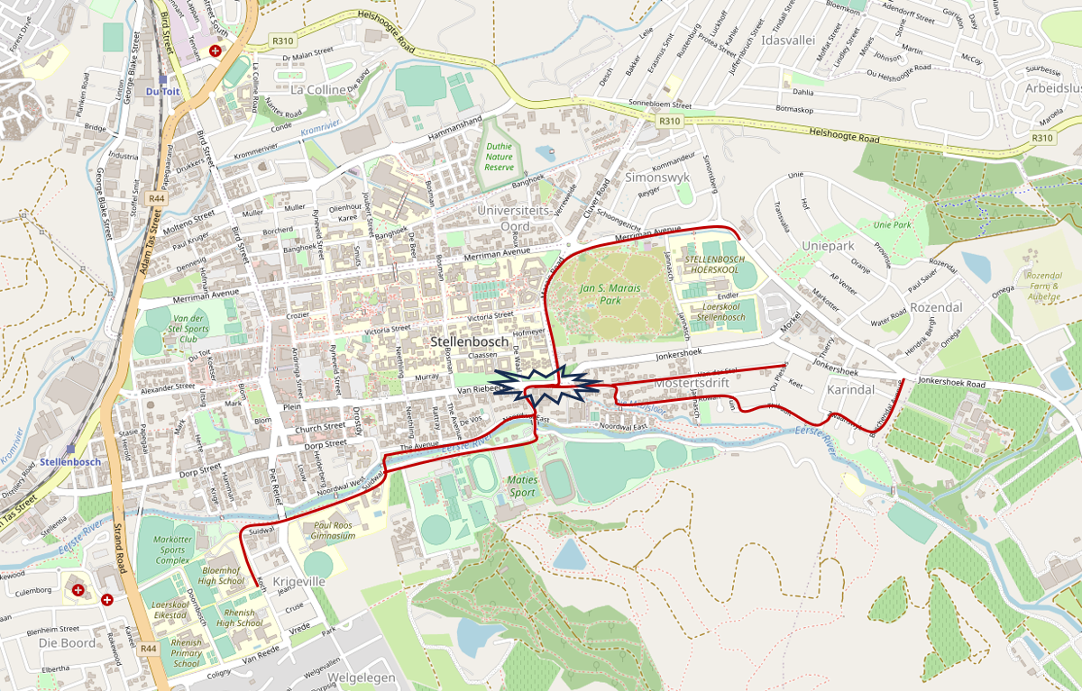 The natural routes from the east to the high schools along Erste river.