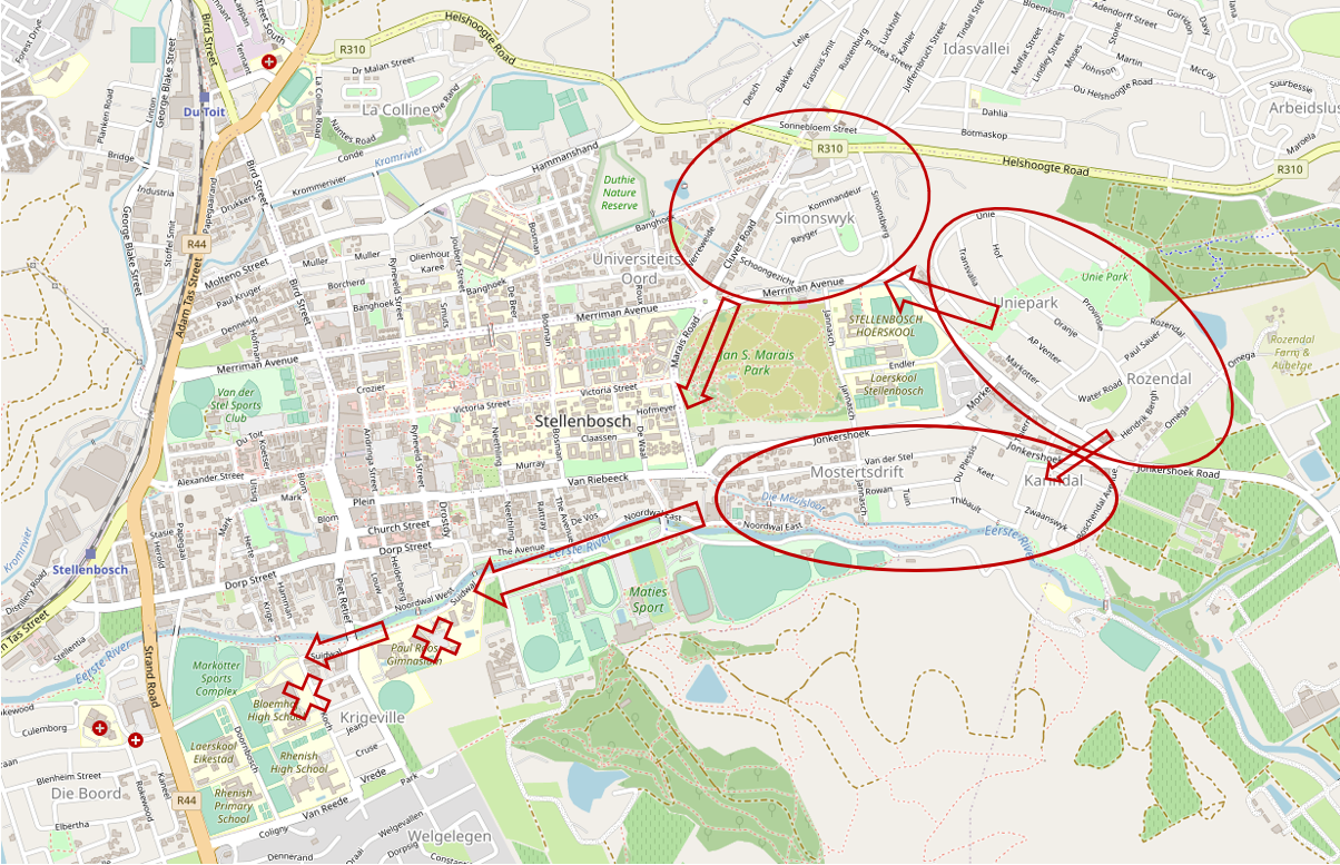 The eastern family neighbourhoods and the popular high schools along the Erste river.